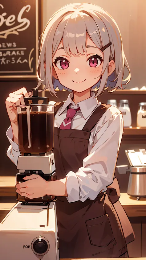 girl working in a coffee shop、brewing coffee in a coffee maker、expressive eyes、brown apron、silver and bob short hairstyle、tie yo...