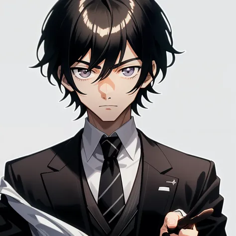 1man, anime, short_black_hair, black_eyes, clean forehead, gray_pinstripe_suit, pointing at the viewer, close_up, white_background, looking_at_viewer 