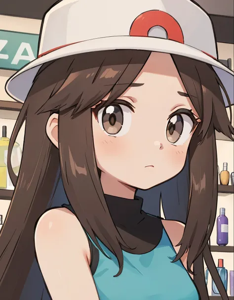 a girl inside a sex shop, She looks with sadness at the products that are on display., His gaze reflects shame and curiosity,  trainerleaf1, sleeveless shirt, black wristbands, brown eyes, white hat, lookin at viewer,