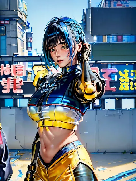 (masterpiece:1.3), (best cinematic quality:1.2), (extremely detailed setting:2), (soft+artistic lighting), (1boy), short blue haired, (eyes+yellow+red:1.4), (multicolored eyes+heterochromia), wearing cyberpunk clothes, futuristic, technological, city scene...