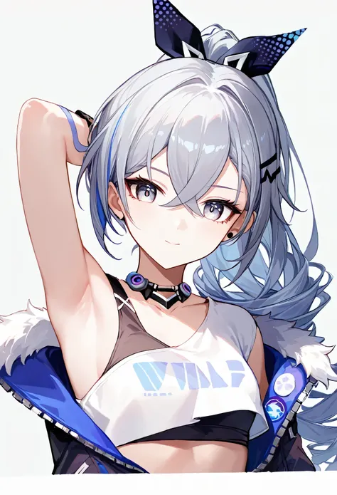score_9, score_8_up, score_7_up,source_anime, high res image,masterpiece,best quality,girl,cute face,clear skin,simple_background,silver_wolf_honkai,armpit,