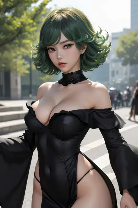 (Masterpiece, Best quality), 1girll, Beautiful face,   tatsumaki, dress, Black dress,Large breasts，cleavage，Off-the-shoulder attire