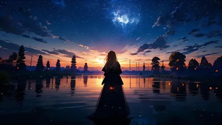 １people々々々々々,Blonde long-haired woman， Dress Silhouette， Rear View，Space Sky, The boundary between sea and space，full moon, Luminous flower garden,