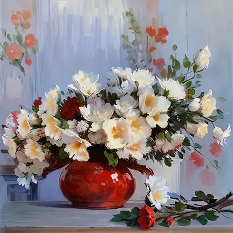 A picture of a red vase with white flowers on a table, Monet&#39;s Style, style of Claude Monet, chrysanthemum, Claude Monet, by Claude Monet, Claude Monet), By Monet, Arrange flowers in a vase, Still Life with Flowers, bouquet, chrysanthemumとヒヤシンス, Blanch...