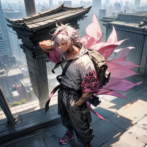 1male, young adult, dark skin, finely detailed pink eyes, wild medium hair, grey hair color, baggy hoodie, head band, baggy combat pants, standing on building, day time, tokyo city, calm expression, muscular, tattoos, standing on rooftop, hiker backpack, n...