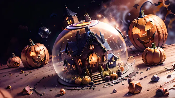 mini(Teddorp), (8K, RAW photos, best quality, masterpiece:1.2), Colored background, Clean background, Depth of Field, halloween house, pumpkin, ghost, mist, ,miniature, Isometric, Spherical crystal,