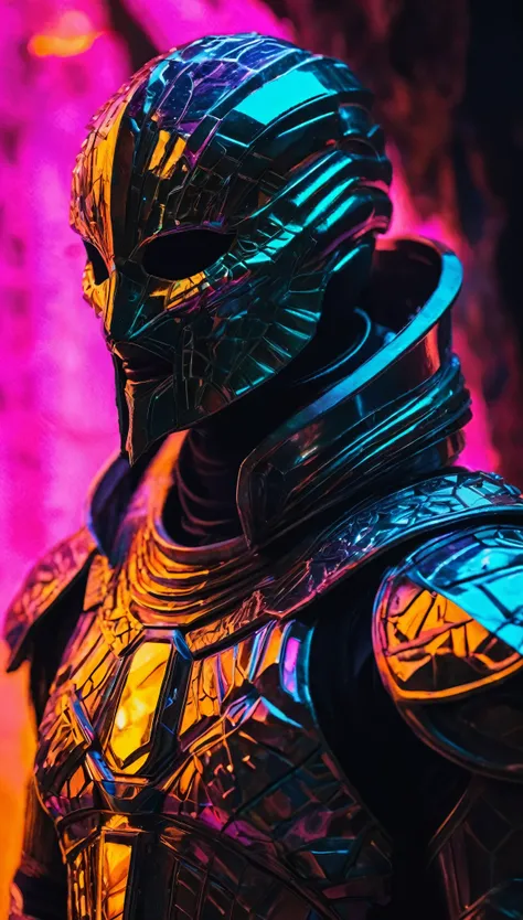 A breathtaking, cinematic science fiction medium shot portrait of the *Masked Celestial Warden*, a towering, non-human entity with skin and maskmade of sleek, crystalline scales that reflect light in iridescent hues—rich emeralds, shimmering golds, and dee...