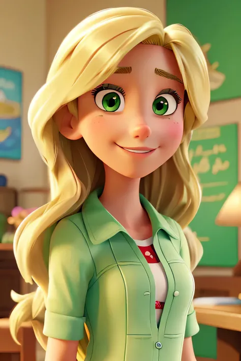 Cartoon portrait with Disney PIXAR-style of a blonde young woman, with long blonde wavy hair, skinny, green eyes