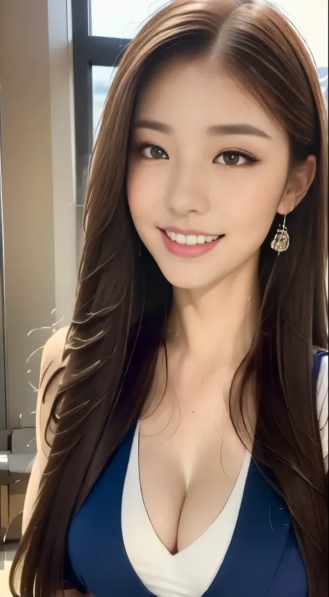 Tall and attractive beauty、The beauty of a suit、Huge 、Undershirt、Cool Beauty、career woman、double eyelid、Big Breasts:1.2，Office Room，Windows,A very attractive smile:1.3,masterpiece:1.3,Detailed face,Detailed eyes,Straight Long Hairstyles