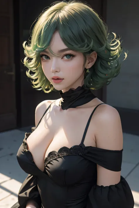 (Masterpiece, Best quality), 1girll, Beautiful face,   tatsumaki, dress, Black dress,Large breasts，cleavage，Off-the-shoulder attire