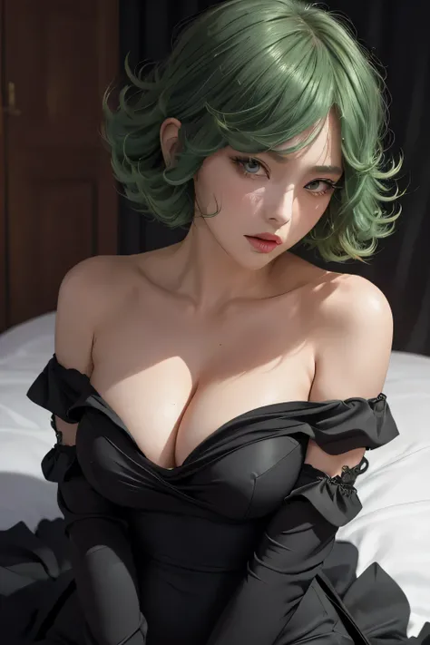 (Masterpiece, Best quality), 1girll, Beautiful face,   tatsumaki, dress, Black dress,Large breasts，cleavage，Off-the-shoulder attire