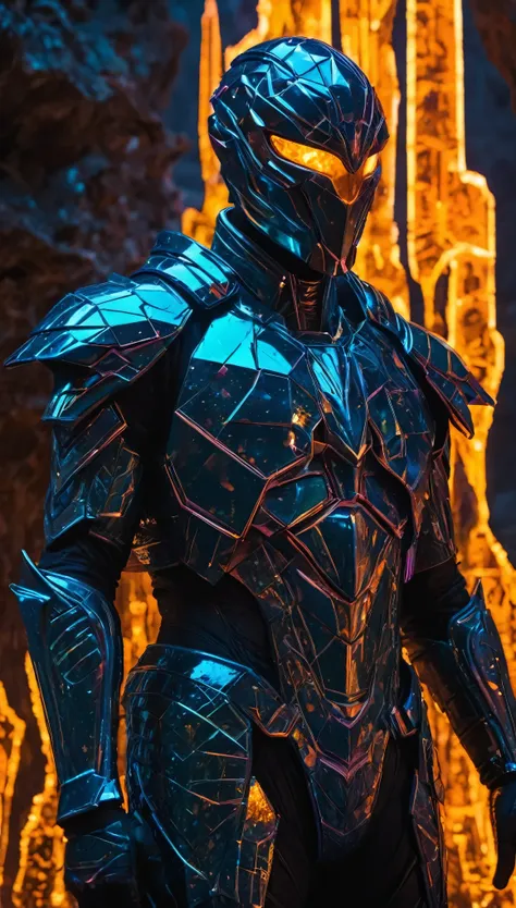 A breathtaking, cinematic science fiction medium shot portrait of the *Masked Celestial Warden*, a towering, non-human entity with skin and maskmade of sleek, crystalline scales that reflect light in iridescent hues—rich emeralds, shimmering golds, and dee...