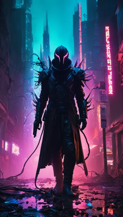 A breathtaking, cinematic science fiction medium shotportrait of the *Void Stalker*, a spectral, non-human figure entirely masked by a smooth, featureless obsidian-black helm. The mask reflects no light, giving it an eerie, void-like presence. From where h...