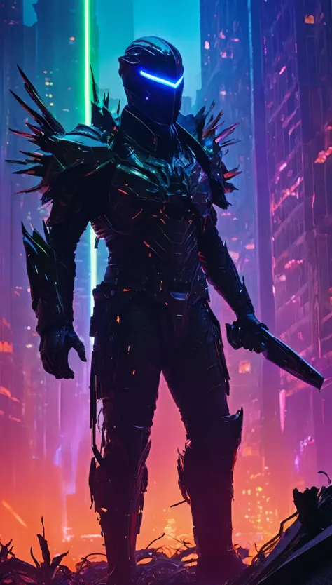 **"A breathtaking, cinematic science fiction portrait of the *Void Stalker*, a spectral, non-human figure entirely masked by a smooth, featureless obsidian-black helm. The mask reflects no light, giving it an eerie, void-like presence. From where his eyes ...