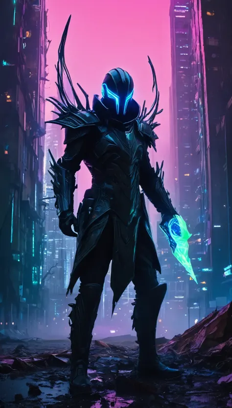 **"A breathtaking, cinematic science fiction portrait of the *Void Stalker*, a spectral, non-human figure entirely masked by a smooth, featureless obsidian-black helm. The mask reflects no light, giving it an eerie, void-like presence. From where his eyes ...