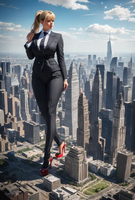 Young adult women beautiful curves a massive thighs blonde hair in a ponytail lipstick wearing a perfect perfect tailored grey pinstriped trouser suit and blazer, crisp white shirt and large broad windsor knot tie,colossal breasts. Platform high heels , st...