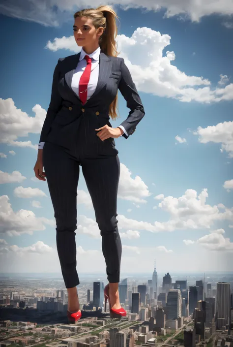 Young adult women beautiful curves a massive thighs blonde hair in a ponytail lipstick wearing a perfect perfect tailored grey pinstriped trouser suit and blazer, crisp white shirt and large broad red windsor knot tie,colossal breasts. Platform high heels ...