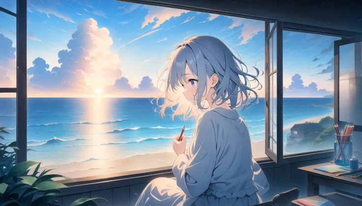 ((style:Colored pencil,pale colour)),(anime)、(masterpiece:1.2),Large cumulus clouds visible from the room、Summer sky、(Girl sitting and looking outside)、A large depiction of the blue sky、Summer landscape、Old house near the sea、(Hair fluttering in the wind)、...