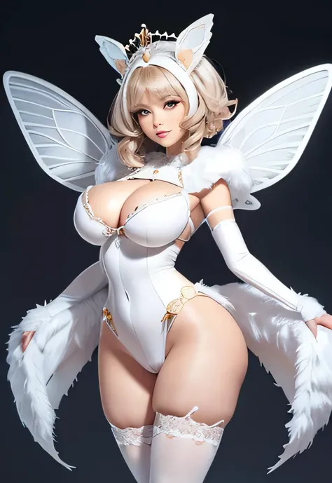 Beautiful sexy women with a anthropomorphic moth milf costume, soft white fur accents and antenna on her head, sexy slim figure with large Milky saggy breasts, a small tight waist and Sexy tapered hips, ahe shas strong sexy squishy thighs with Small cute f...