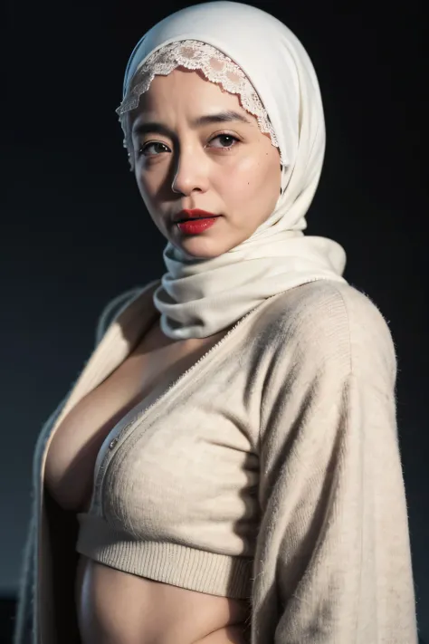 ((Red Lips)), Coats Medium body portrait, ((Hijab Stylish)), HALIMAHS MOTHER IS 8 HER BODY IS VERY FAT & NUDE AT A DARK NIGHT PLACE, Ultra High Res. realistic: 1.4, UHD, lace , very flat chest, half body portrait , skinny my body, view from side seductive ...