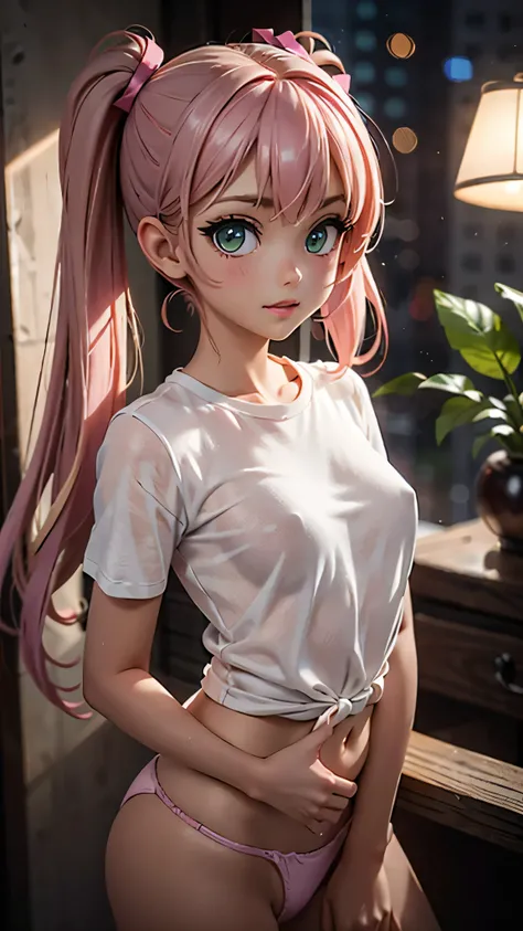 (masterpiece), highest quality, solo, 1girl, teen, young, dark skin, tan skin, ((petite)), pink hair, twin tails, upper_body, perfect_round_iris, green_eyes, absurdres_iris, wide_eyes, small waist, small hips, cute ass, extremely_delicate_body, perfect bod...