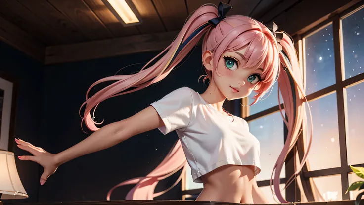 (masterpiece), highest quality, solo, 1girl, teen, young, dark skin, tan skin, ((petite)), pink hair, twin tails, upper_body, pe...