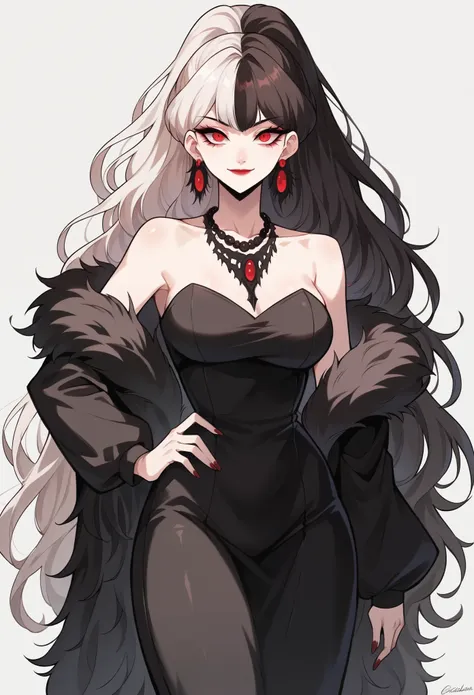 (masterpiece, best quality, high quality, highres, ultra-detailed), 1girl, long ponytail hair, black eye left, red eye right, multi-coloured eyes, (split hair color hair white and black), necklace, earrings, (mature female), looking at viewer, mommy like b...