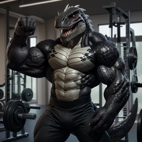 solo, anthro, male, T-Rex, ((scales, detailed muscles)), (T-Rex print), black scales, short black spiny scales, white belly, standing up, flexing muscle, bodyguard outfit, black claws, red eyes, slit eyes, slim fit, muscular slim, gym, crazed look, menacin...