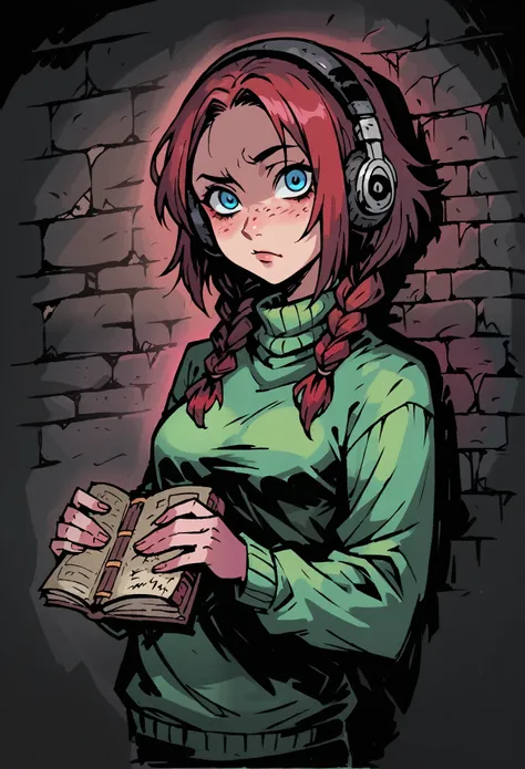 Medium close-up of a pale, slender girl, medium hair, korean maroon hair with braids, contrast blue eyes with slightly freckles. She has thoughtful eyes and wander face expression with one eyebrow up, looking directly at the viewer, with a finely detailed,...