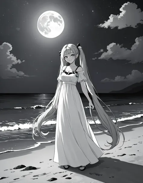 a world in black and white、moonlit seaside、long hair、beautiful girl with twin tails、smile、looking at the camera。long dress