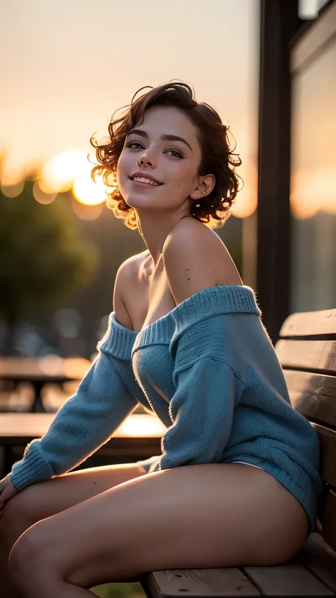 (masterpiece), (extremely intricate:1.3), (realistic), (((low angle camera)), joyful, smiling) short curly Ginger girl, clear green eyes, leaning backward, loose blue knit open sweatshirt off shoulder, spreading legs, showing naked pussy, cafe, far away cr...