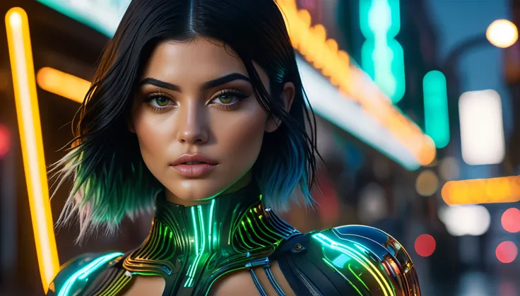 cyberpunk girl, kylie Jenner look a like. glowing wires, dark city, reflective puddles, neon signs,, Photorealistic, Hyperrealistic, Hyperdetailed, analog style, soft lighting, subsurface scattering, realistic, heavy shadow, masterpiece, best quality, ultr...