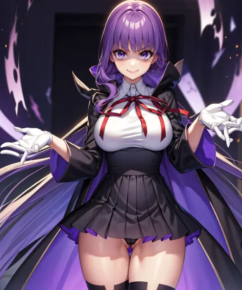  Isoscale, Mid Shot,  night, ,,, Purple Hair, Black jacket, White shirt, Black Skirt, Red ribbon, Big Breasts, Purple eyes, White gloves, Long Hair, Large collar, Wicked Smile,,shiny thigh high boots,(Wicked Smile:1.3),Highly detailed CG Unity 8k wallpaper...