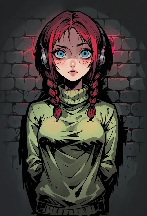 Medium close-up of a pale, slender girl, medium hair, korean maroon hair with braids, contrast blue eyes with slightly freckles. She has thoughtful eyes and wander face expression with one eyebrow up, looking directly at the viewer, with a finely detailed,...