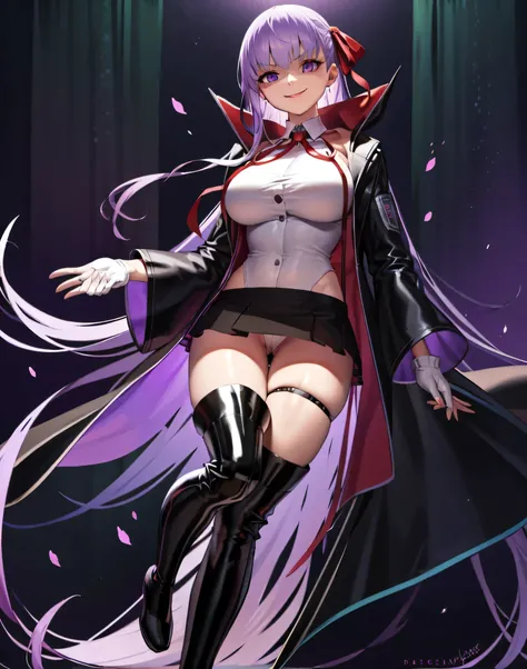  Isoscale, Mid Shot,  night, ,,, Purple Hair, Black jacket, White shirt, Black Skirt, Red ribbon, Big Breasts, Purple eyes, White gloves, Long Hair, Large collar, Wicked Smile,,shiny thigh high boots,(Wicked Smile:1.3),Highly detailed CG Unity 8k wallpaper...