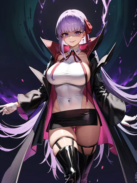  Isoscale, Mid Shot,  night, ,,, Purple Hair, Black jacket, White shirt, Black Skirt, Red ribbon, Big Breasts, Purple eyes, White gloves, Long Hair, Large collar, Wicked Smile,,shiny thigh high boots,(Wicked Smile:1.3),Highly detailed CG Unity 8k wallpaper...