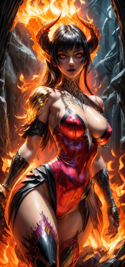 Eliza, Full body portrait:1.3, from below, (cyborg) android demoness, full body portrait, succubus, burning crystal armor, crystal shoulder pauldrons, claws, facepaint and bodypaint, scary detailed art in color, aroused slutty expression, saggytits, curvy ...