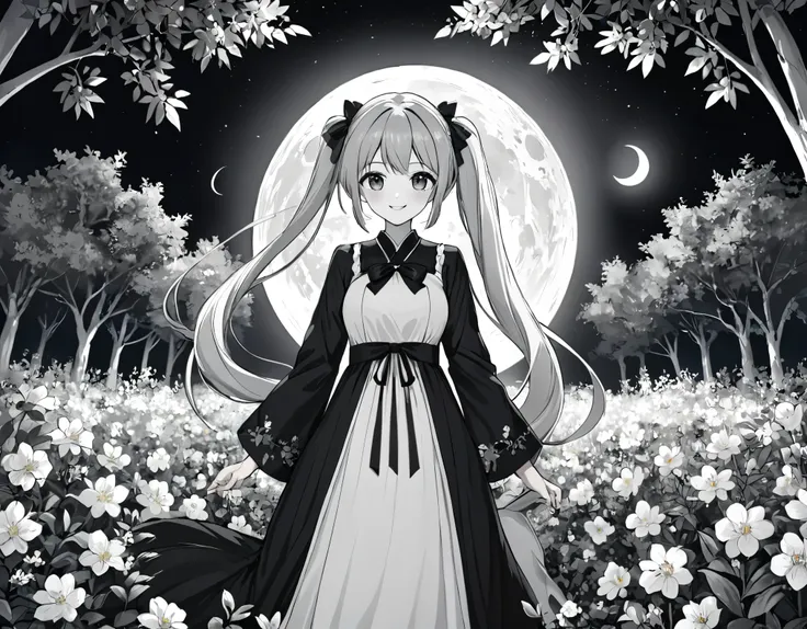 a world in black and white、in the mysterious forest、lots of flowers、mysterious long hair、beautiful girl with twin tails、smile、lo...