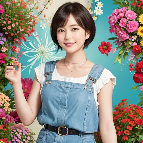 285 (20-year-old woman,short hair) , (A kind smile) , (Colorful flowers) , (belt), (fractal)