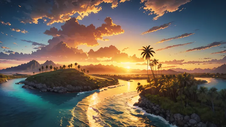 photorealistic landscape, natural landscapes, naturals, Beauty of Natures, golden sunset, sky, sky Power, Detailed Realistic Sunset, palmtrees, mountainous landscape, Rivers of water, Realism Sunset, Natural Treess,  Men, man on his back, man&#39;s back, p...