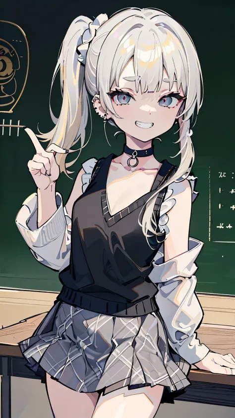 ((masterpiece、Highest quality、Very detailed))、One girl、Blonde、side ponytail、Scrunchie、diagonal bangs、Grey Eyes、evil smile、((Grin))、((lots of piercing))、Small breasts、((White collared shirt))、((clavicle))、((black sweater vest))、((gray plaid skirt))、((micro ...