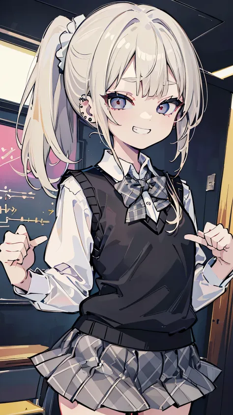 ((masterpiece、Highest quality、Very detailed))、One girl、Blonde、side ponytail、Scrunchie、diagonal bangs、Grey Eyes、evil smile、((Grin))、((lots of piercing))、Small breasts、((White collared shirt))、A bow tie、((black sweater vest))、((gray plaid skirt))、((micro min...