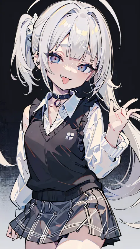 ((masterpiece、Highest quality、Very detailed))、One girl、Blonde、side ponytail、Scrunchie、diagonal bangs、Grey Eyes、evil smile、((open mouth))、((tongue out))、((lots of piercing))、Small breasts、((White collared shirt))、((clavicle))、((black sweater vest))、((gray p...