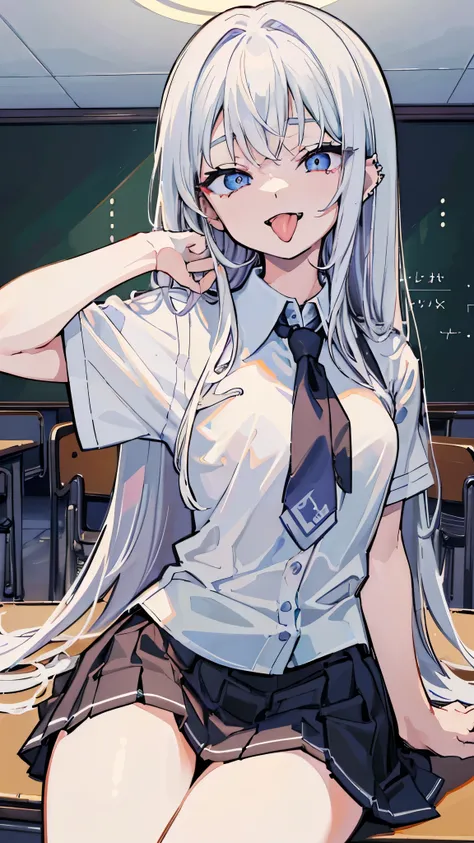 ((masterpiece、Highest quality、Very detailed))、One girl、Long Hair、Light blue eyes、evil smile、((open mouth))、((tongue out))、((lots of piercing))、Small breasts、((White collared shirt))、((school uniform))、tie、((Black pleated skirt))、Cowboy Shot、Sit at a desk、(...