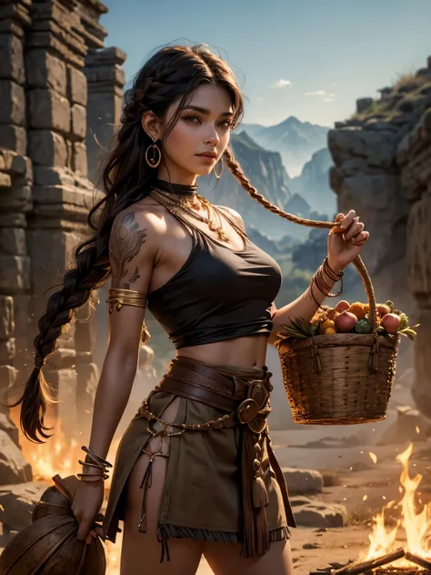 Style: "Prehistoric fantasy setting with a focus on authentic primitive clothing and accessories, reflecting the materials and craftsmanship of early human cultures Neolithic period" 
Matriarch of the Great Valley Elana is a beautiful prehistoric woman of ...