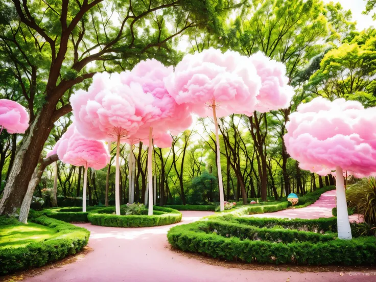 1girl, cute candyland, cotton candy sky, whimsical mushroom forest, colorful candy trees, lollipop plants, marshmallow clouds, bubblegum grass, gummy bear path, chocolate river, (best quality,4k,8k,highres,masterpiece:1.2),ultra-detailed,(realistic,photore...