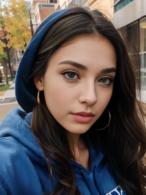 Photo of a 20 year old brunette woman, that has a very natural face, girl, thin lips, thin blue eyes, thin eyebrows, thin nose, earrings, long eyelashes. She makes a cute selfie outdoor, wearing oversized hoodie 