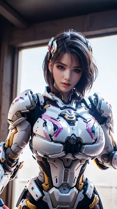 MASTERPIECE, BEST QUALITY, 1GIRL, CLOSE UP UPPER BODY, COWBOY SHOT PORTRAIT, (HER AMAZING K-CUP BREASTS:1.5), ((WEARING OUTFIT MECHA WHITE DARK EVIL ARMOR OVERWATCH:1.5)), (OILED MUSCULAR THICC BODY:1.5), (CLEAN GLOSSY BODYSKIN:1.5), (LOOKING AT VIEWER:1.6...