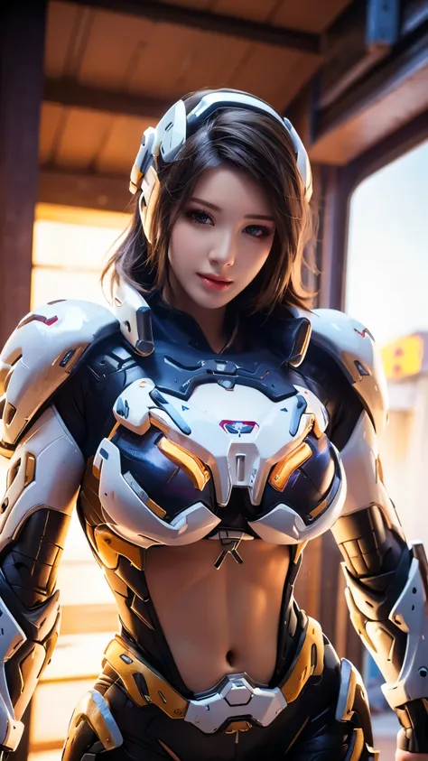 MASTERPIECE, BEST QUALITY, 1GIRL, CLOSE UP UPPER BODY, COWBOY SHOT PORTRAIT, (CLEAVAGE, GIGANTIC ROUND BREASTS, 11 LINE ABS:1.5), ((WEARING OUTFIT MECHA WHITE DARK EVIL ARMOR OVERWATCH:1.5)), (OILED MUSCULAR THICC BODY:1.5), (GLOSSY BODYSKIN:1.5), (LOOKING...