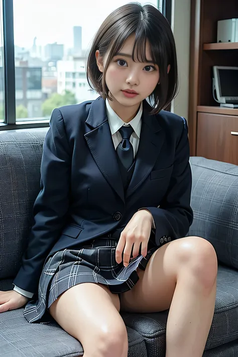 ((masterpiece:1.4))、((office:1.5))、((Girl with short hair, Light brown hair:1.4))、((Wearing a grey plaid pleated skirt Lift:1.4))、((黒色のタイトなWearing a suitいる:1.4))、((Girl sitting on sofa:1.7))、very Sexy Costumes, 厳格なWearing a suitいる、Stylish and gorgeous cosp...